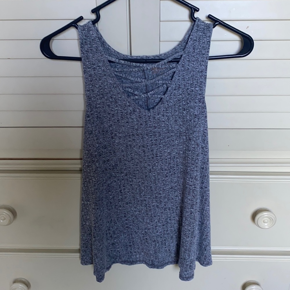 Grey tank top with cross front. Size M.